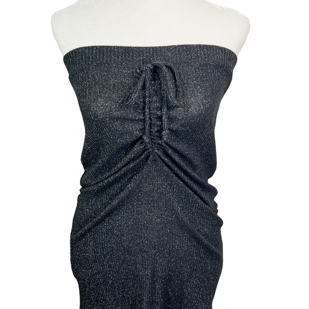 NWT Red Haute Revolve Gathered Longline Center Tie Tube Top Black Silver Women S